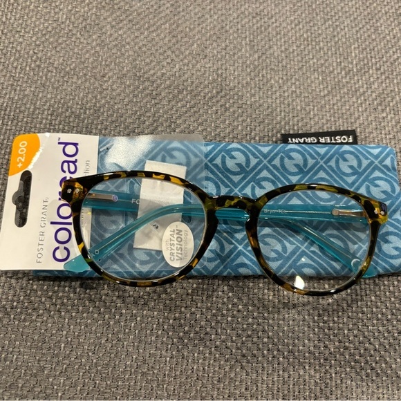 COLOREAD FOSTER GRANT tortoise shell ROUND frames & blue arms w/case. NEW. +2.00 - Picture 1 of 3